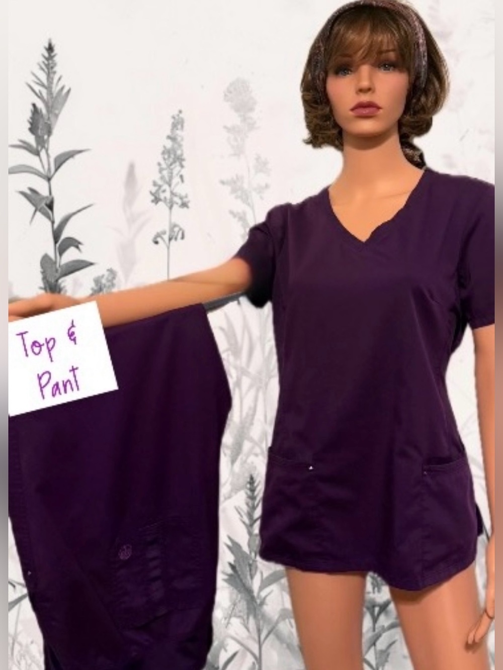 Purple Label V-Neck Scrub Top in Eggplant Purple with matching scrub pant LARGE
